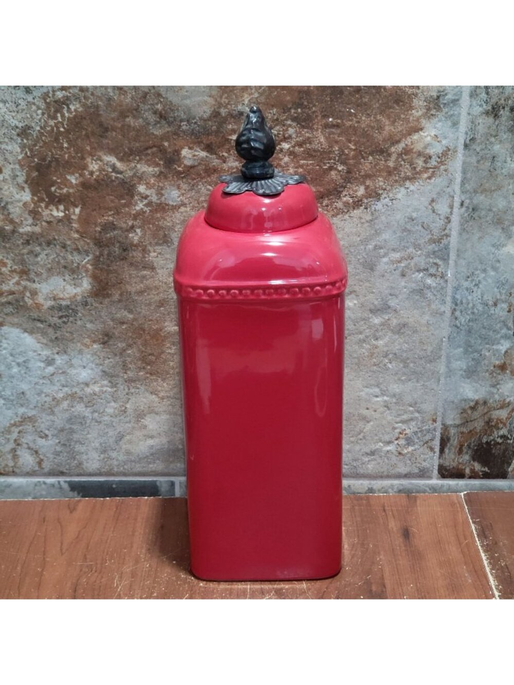 Red Ceramic Kitchen Canister Metal Lily Floral Finial 121/2 Inch Tall